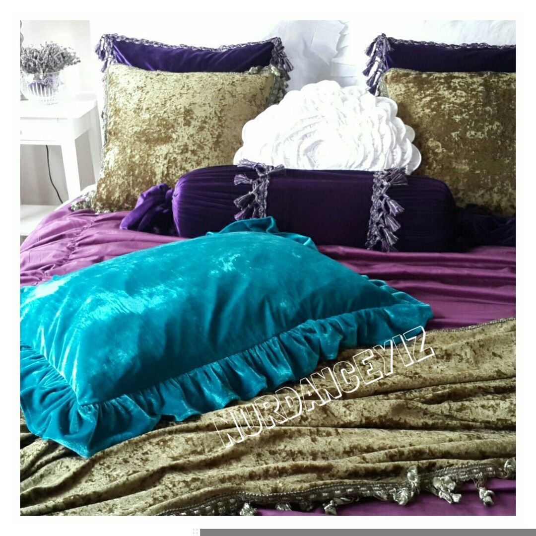 Velvet Ruffled Pillow, Euro Sham Pillow Peacock Teal Blue Copper Sofa