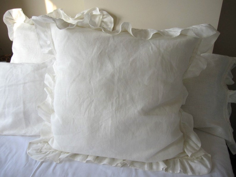 shabby cottage chic 26x26 20x36 French Country home Ivory or White linen ruffle EURO SHAM Turkish romantic home and living bed pillows