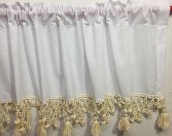 Short valance, curtain panel,French lace curtain-linen handmade crochet lace-Shabby chic country kitchen CURTAIN-rustic valance Nurdanceyiz