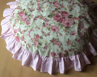 Round square Chair cushion cover -pink gingham plaid ruffle kitchen chair seat cushion cover -shabby chic home, pink floral euro sham pillow