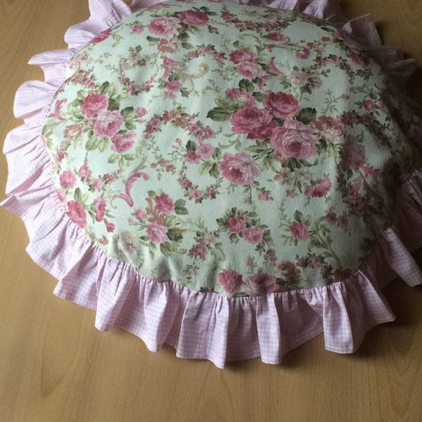 Round square Chair cushion cover -pink gingham plaid ruffle kitchen chair seat cushion cover -shabby chic home, pink floral euro sham pillow