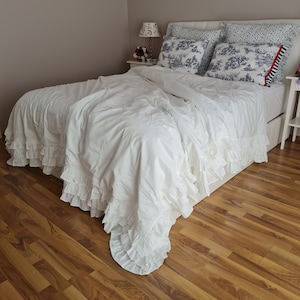 Full Queen King ruffle duvet cover- white ivory cotton 3 rows ruffle trim + 3 rows ruffled . SHABBY chic bedding -bridal romantic bedding
