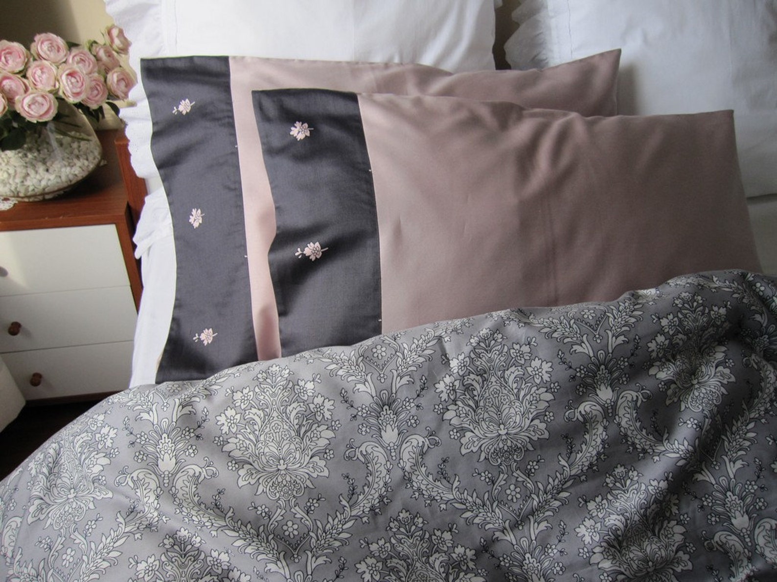 College Dorm Room Bedding Fast Shipping Pink Gray Damask Etsy