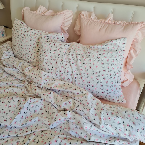 Shabby chic bedding.small Floral Duvet cover pillowcases Queen.pastel pink roses. oversize duvet cover Super King 120x120 120x98 Nurdanceyiz
