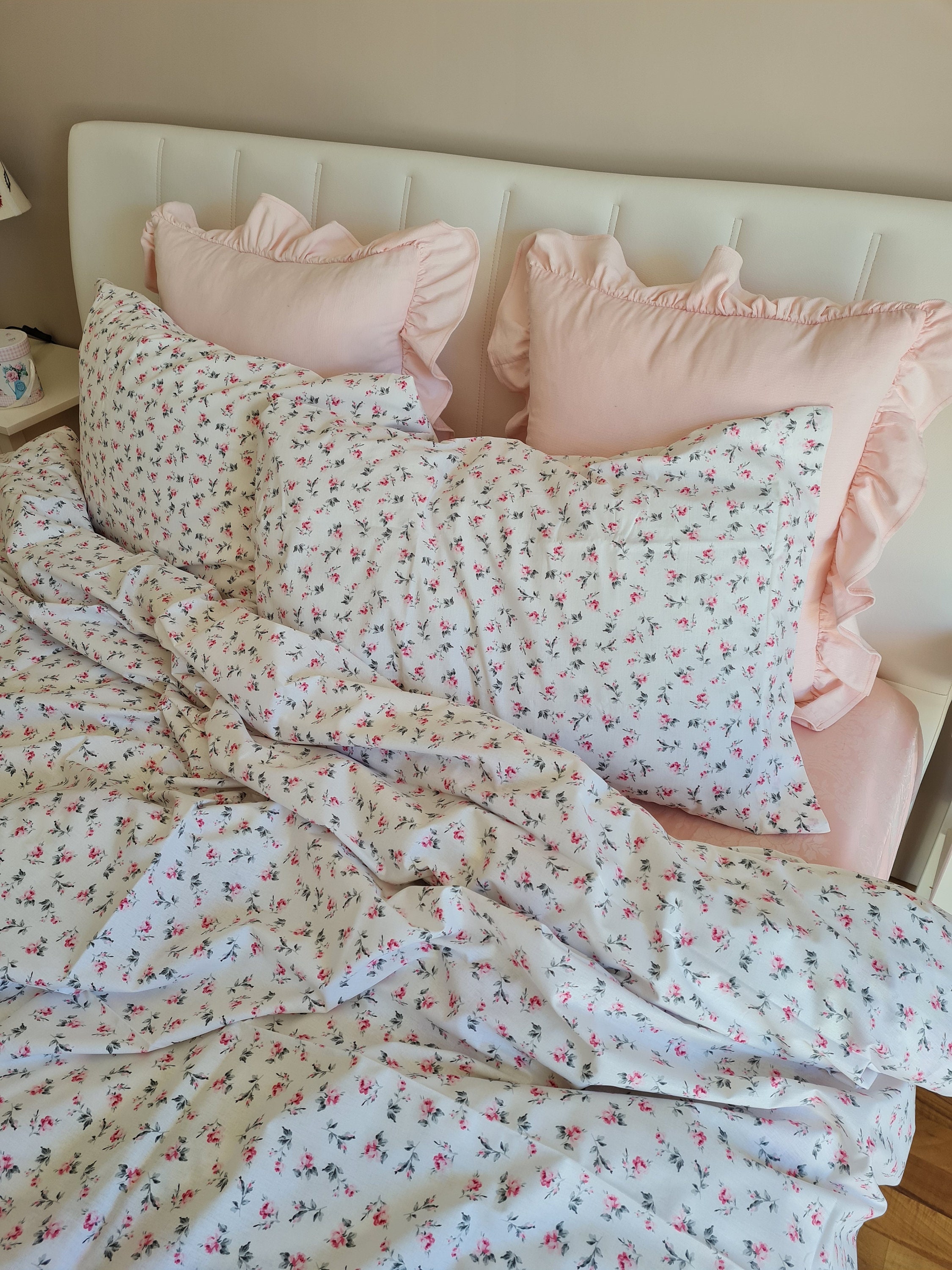 Shabby chic bedding.small Floral Duvet cover pillowcases Queen.pastel pink roses. oversize duvet cover Super King 120x120 120x98 Nurdanceyiz