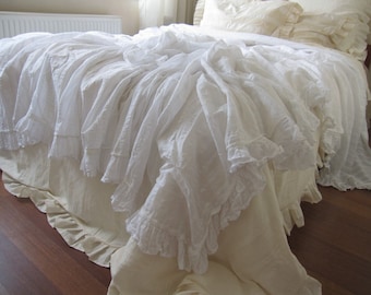 White Lightweight Super KING queen twin coverlet summer blanket- top sheet natural woven Turkish cotton linen Shabby chic Ruffled bedding