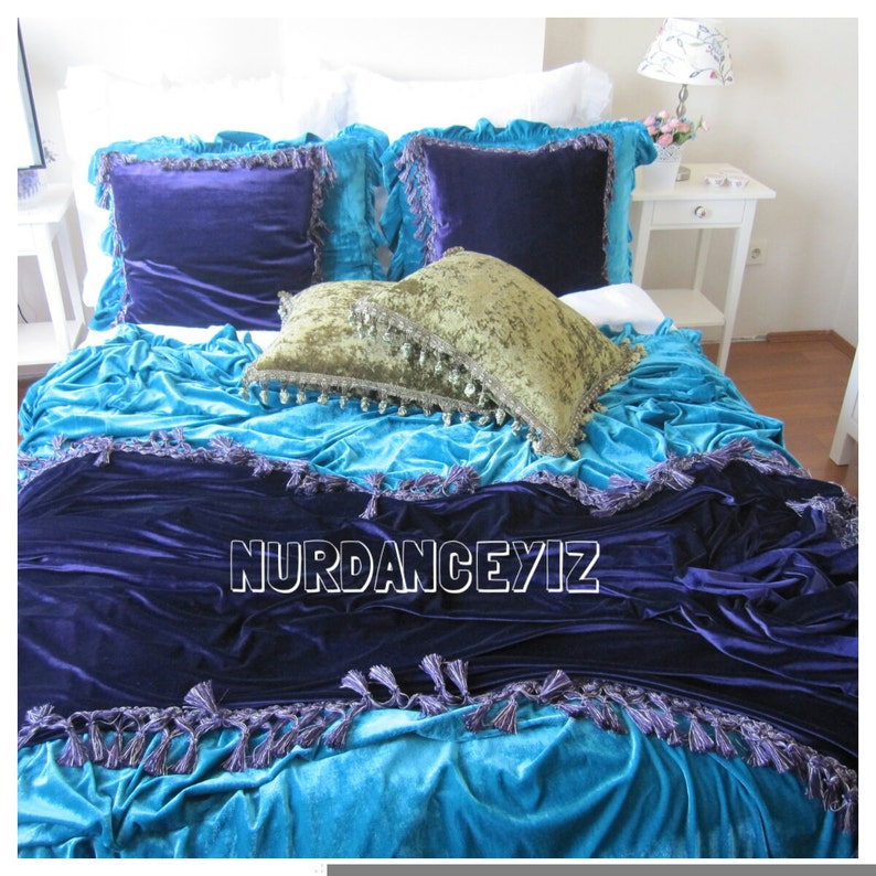 Velvet Ruffled Pillow Euro Sham Pillow Peacock Teal Blue Etsy