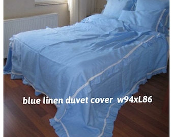 Volledige koningin blauwe linnen sprei sprei met ruches en kanten rand, cottage Shabby Chic-beddengoed
