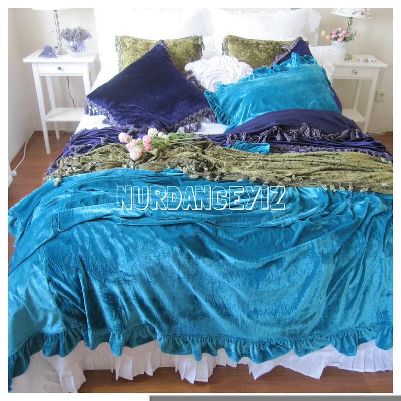 Velvet Ruffled Pillow Euro Sham Pillow Peacock Teal Blue Etsy