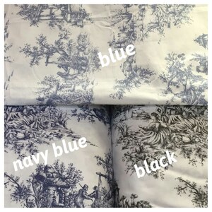 May include: Three fabric swatches with a toile pattern. The top swatch is white with a blue toile pattern. The middle swatch is white with a navy blue toile pattern. The bottom swatch is white with a black toile pattern.