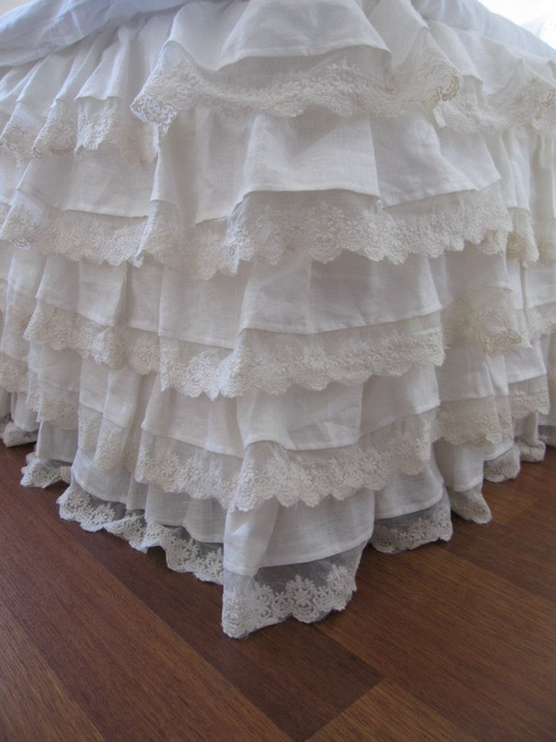 Linen bed skirt Ivory lace waterfall ruffled beddingbedskirt Etsy