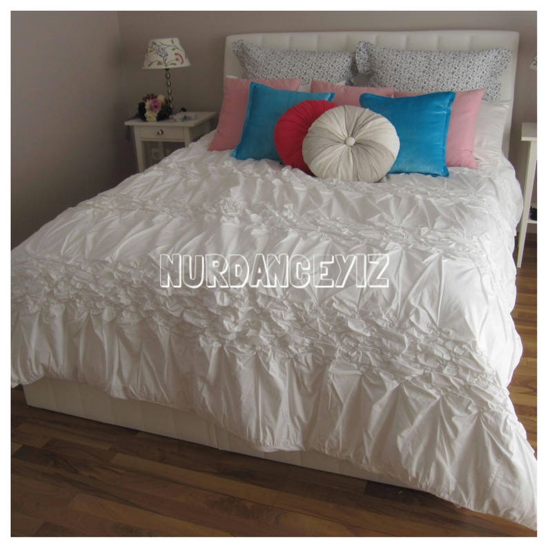Shabby Chic Pintuck Bedding Queen King Duvet Cover White Ivory Blue Pink Solid Cotton Elegant Romantic Cottage Beach Nuryiz