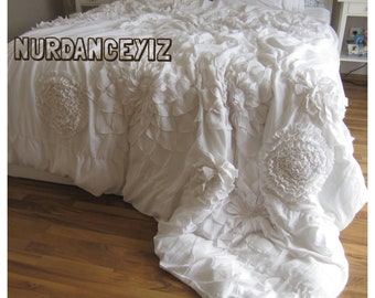 Nurdanceyiz textured bedding-Lotus Flower Applique Bohemian -unique handmade duvet cover queen-oversized king ruffled shabby chic bedding