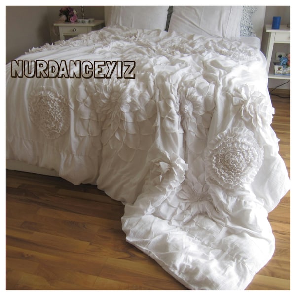 Nurdanceyiz textured bedding-Lotus Flower Applique Bohemian -unique handmade duvet cover queen-oversized king ruffled shabby chic bedding