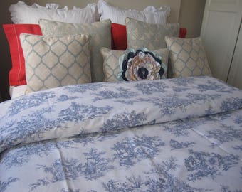 Toile duvet cover. French country toile bedding. floral print navy blue toile cotton Queen Cal King oversize super king 120x98 Nurdanceyiz