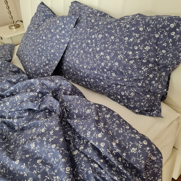 Navy blue Shabby chic bedding.small rose Floral Duvet cover pillowcases Queen. oversize duvet cover Super King 120x120 120x98 Nurdanceyiz