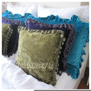Velvet fringe tassel throw pillow covers, euro sham pillow - sofa couch pillow- decorative lumbar green velvet pillow bedding Nurdanceyiz