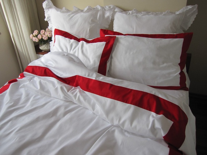 White duvet cover with red border on top 3 Pcs Modern Bedding Etsy