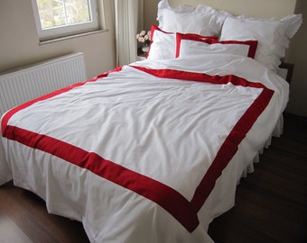 Red Border White Cotton Sateen Duvet Cover Set, Modern Nautical Bedding