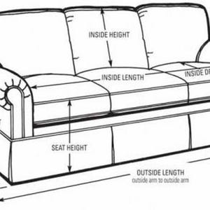 May include: Line drawing of a sofa with measurements labeled for outside height, arm height, seat height, outside depth, inside height, inside length, and inside depth. The sofa has a tufted back and rolled arms.