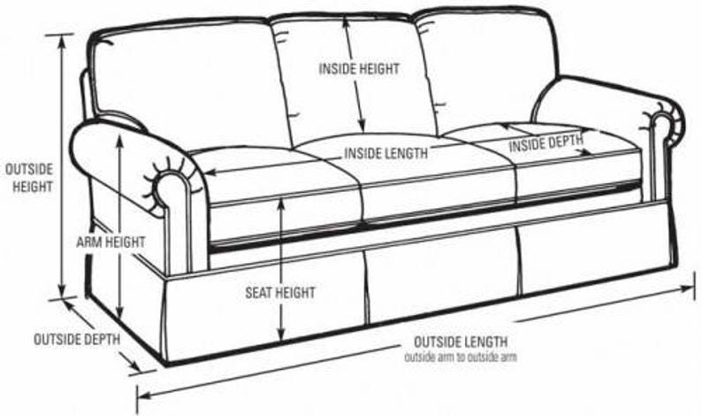 May include: Line drawing of a sofa with measurements labeled for outside height, arm height, seat height, outside depth, inside height, inside length, and inside depth. The sofa has a tufted back and rolled arms.