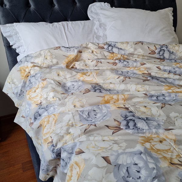 Pastel Blue yellow gray floral Bedding.Oversized queen duvet cover 90x98.queen XL Duvet cover 98x98. shabby chic bedding Nurdanceyiz Turkey