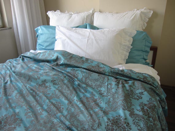 Teal Blue Pink Mint Beige Damask Print Full Queen King Duvet Etsy