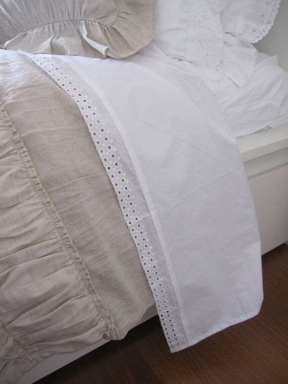 Solid White Cotton Flat Sheet Eyelet Lace Trim Shabby Cottage Image 0