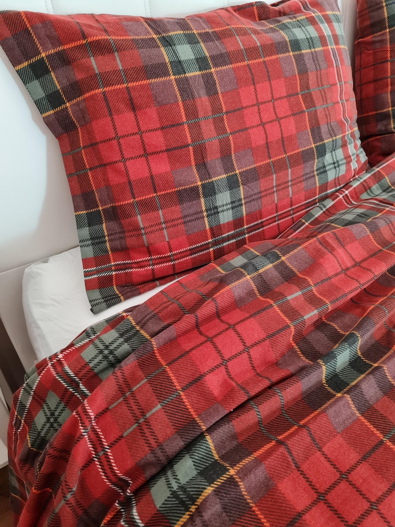Plaid flannel bedding duvet cover set-Christmas theme decor-Xmas gifts-Red green white plaid duvet cover queen.Super King custom bedding image 3