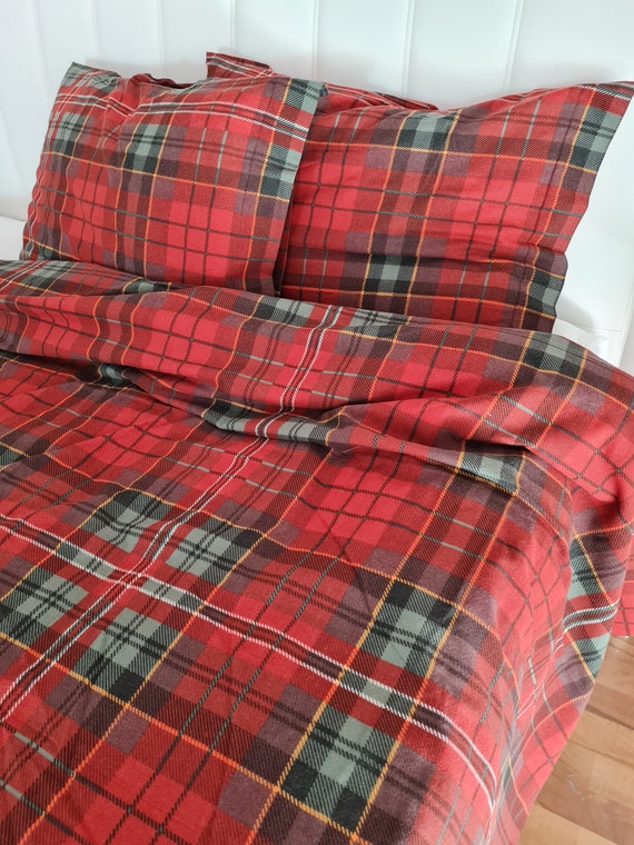Burgundy Red Green Tartan Plaid Thick Cotton Duvet Cover Queen
