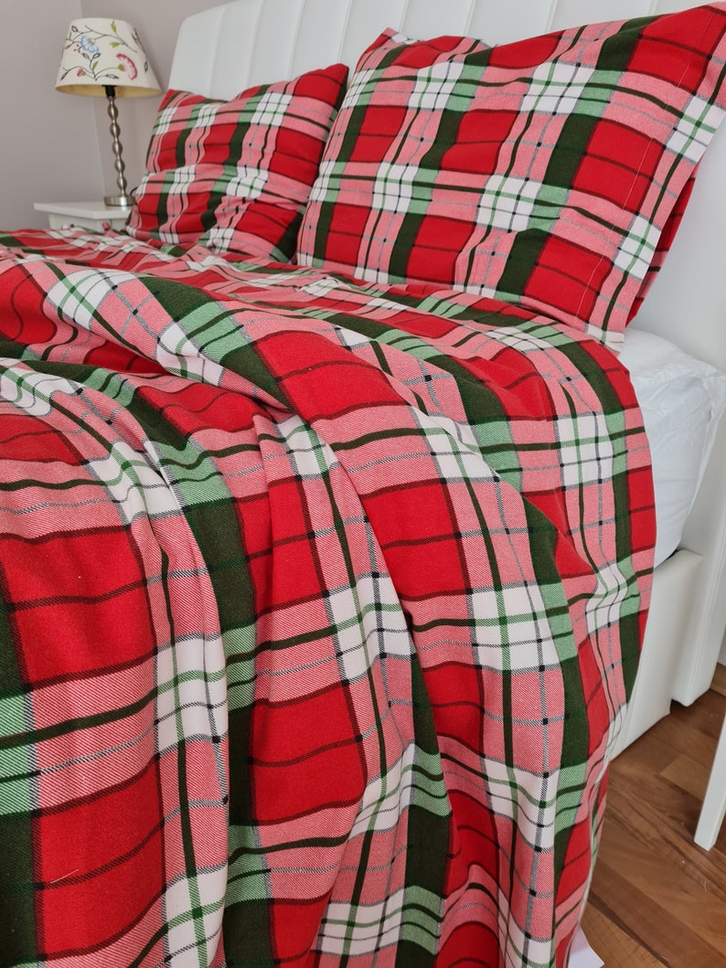 Plaid flannel bedding duvet cover set-Christmas theme decor-Xmas gifts-Red green white plaid duvet cover queen.Super King custom bedding image 6