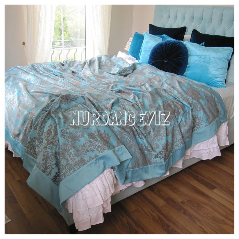 Teal Blue Damask Print Full Queen King Duvet Cover With Border Etsy