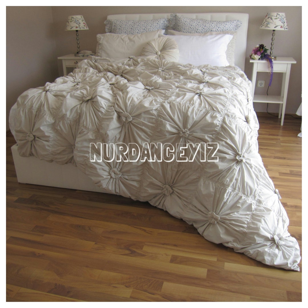 Rosette SHABBY Chic Bedding Ruched Queen King Duvet Cover Knotted
