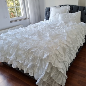 White ruffle bedding-Duvet cover Waterfall Ruffled Bedding- Twin Full Queen King-Shabby chic romantic girl bridal bedding Nurdanceyiz