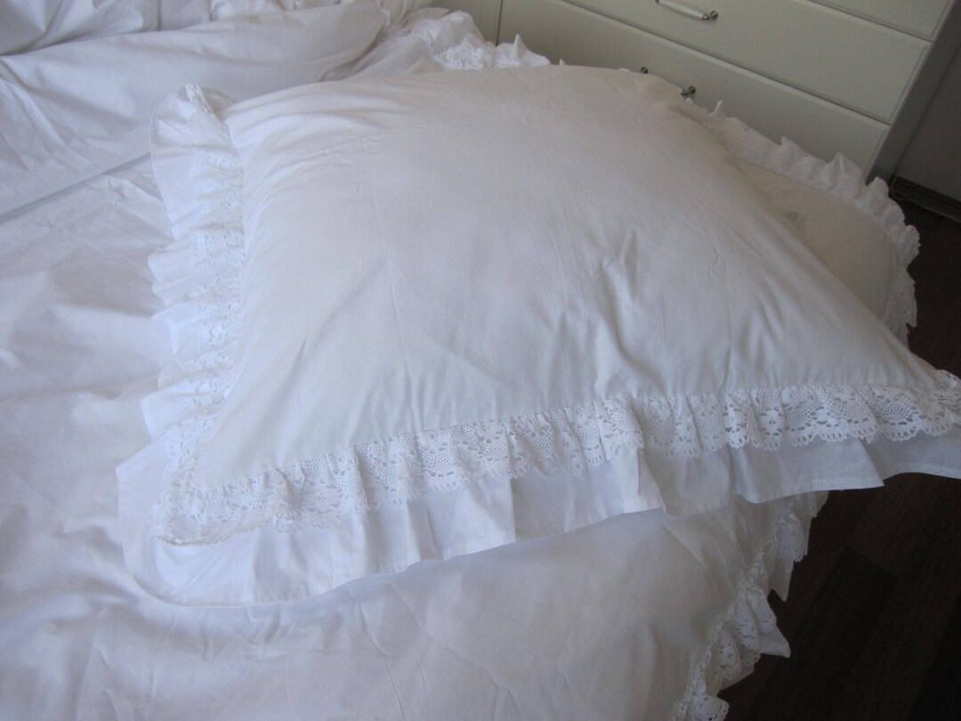 Ruffle Euro Pillow Sham King Pillow Sham White Ivory Cotton Lace Ruffle