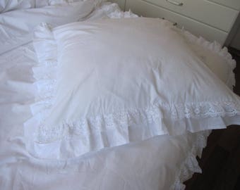 ruffle euro pillow sham king pillow sham- white ivory cotton lace ruffle trim ruffled SHABBY chic bedding pillowcases