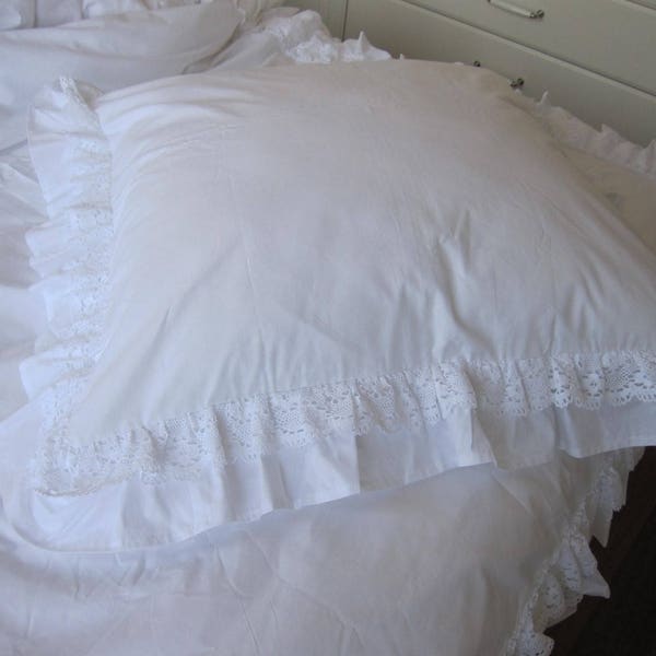 ruffle euro pillow sham king pillow sham- white ivory cotton lace ruffle trim ruffled SHABBY chic bedding pillowcases