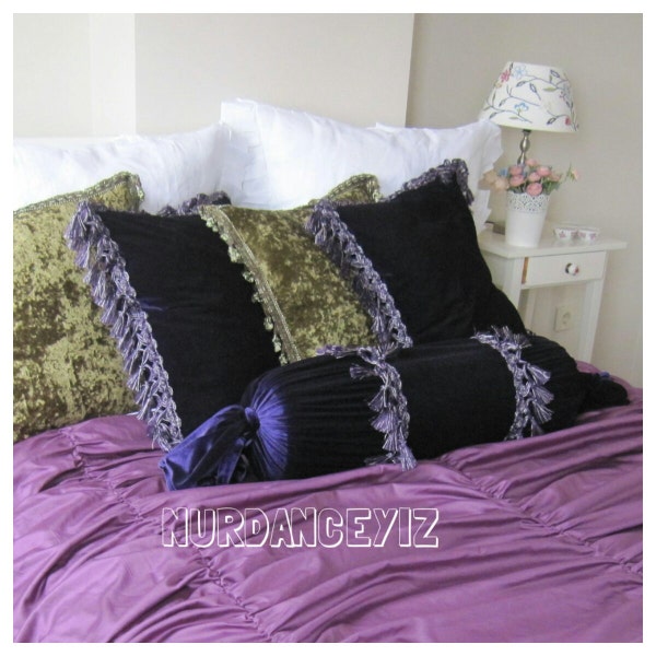 Long neck roll lumbar pillow, velvet bolster pillow choose color sofa couch pillow fringe - decorative pillow bed bedding Nurdanceyiz