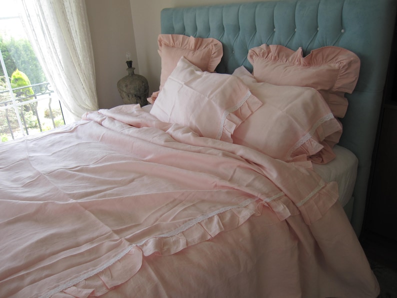 King Queen Ruffled Linen Duvet Cover Pillowcases Solid White Etsy