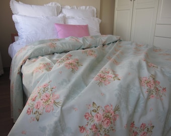Vintage Floral Duvet cover mint green pale blue pink posy roses pastel Queen-King duvet cover shabby chic Bedding Turkish cotton Nurdanceyiz