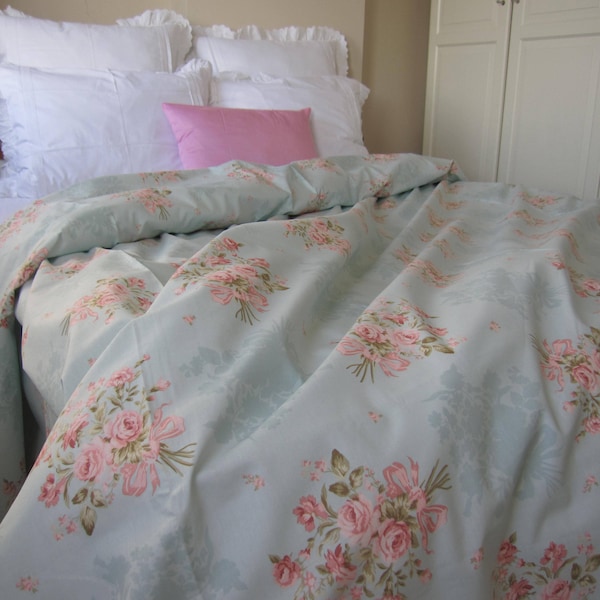 Vintage Floral Duvet cover mint green pale blue pink posy roses pastel Queen-King duvet cover shabby chic Bedding Turkish cotton Nurdanceyiz