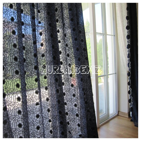 Navy Blue Sheer Tulle Curtain Panels Cottage Home Decor Etsy