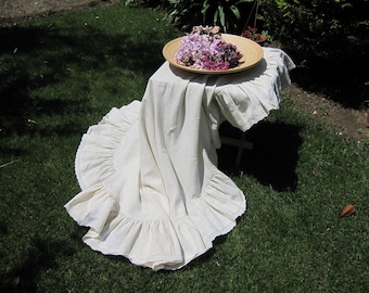 Ruffled tablecloth-Shabby Chic French country Home decor-Wedding table cloth cream beige linen eyelet lace trim rectangle-round tablecloth