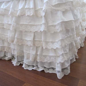 linen bed skirt, white Ivory lace waterfall ruffled bedding-bedskirt drop 22 32 dust ruffle tier rows -shabby chic bedding-Queen king CRIB
