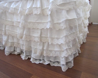 Ruffled Linen Bed Skirt, White Ivory Lace, Shabby Chic Bedding