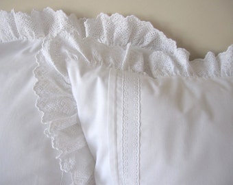 White Ruffle Euro Sham, Cotton Eyelet Lace Pillow Cover (26x26 inch)