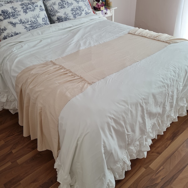 Ruffled Bed Scarf | Ruffled Bed Linens | Ruffled Bed Cover | Bed Runner | ruffle Bed Runner| Linen Bedding | Shabby Chic Bedding Nurdanceyiz