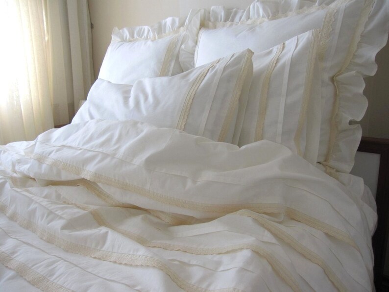 Plain All Ivory Cream Full Queen Duvet Cover Lace Eyelet Image 0