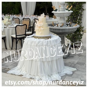 115" Round ruffle tulle event tablecloth wedding cake cocktail bridal sweetheart table skirt floor length tiered layered Custom Nurdanceyiz
