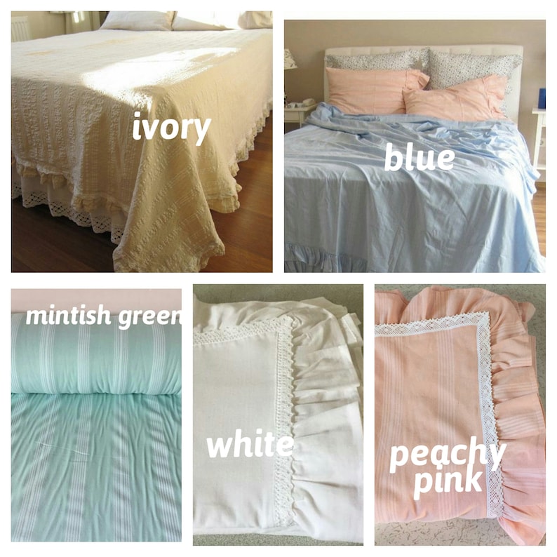 May include: A collage of different colored bed linens with lace trim. The colors include ivory, blue, minty green, white, and peachy pink.